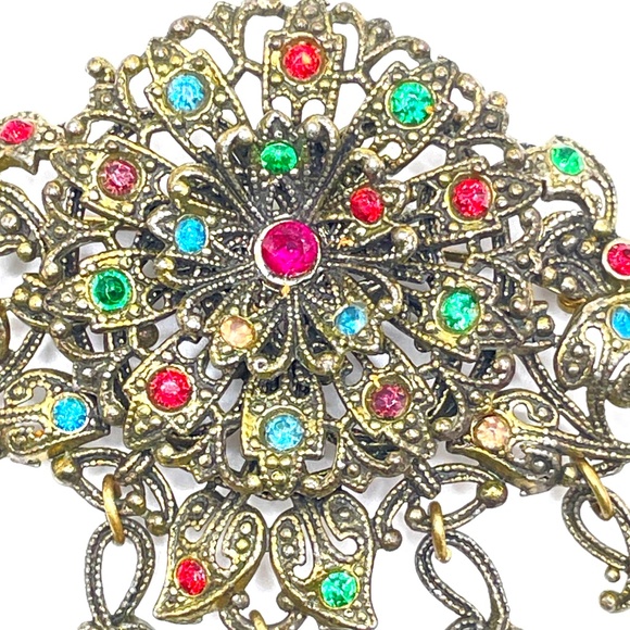 Vintage Czech? Filigree Multi Color Crystal Pin Brooch - Picture 5 of 14